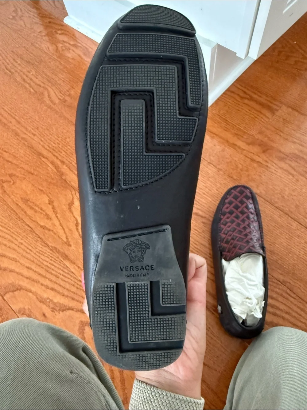 Versace Black Leather Loafers with Red Patterned Vamp